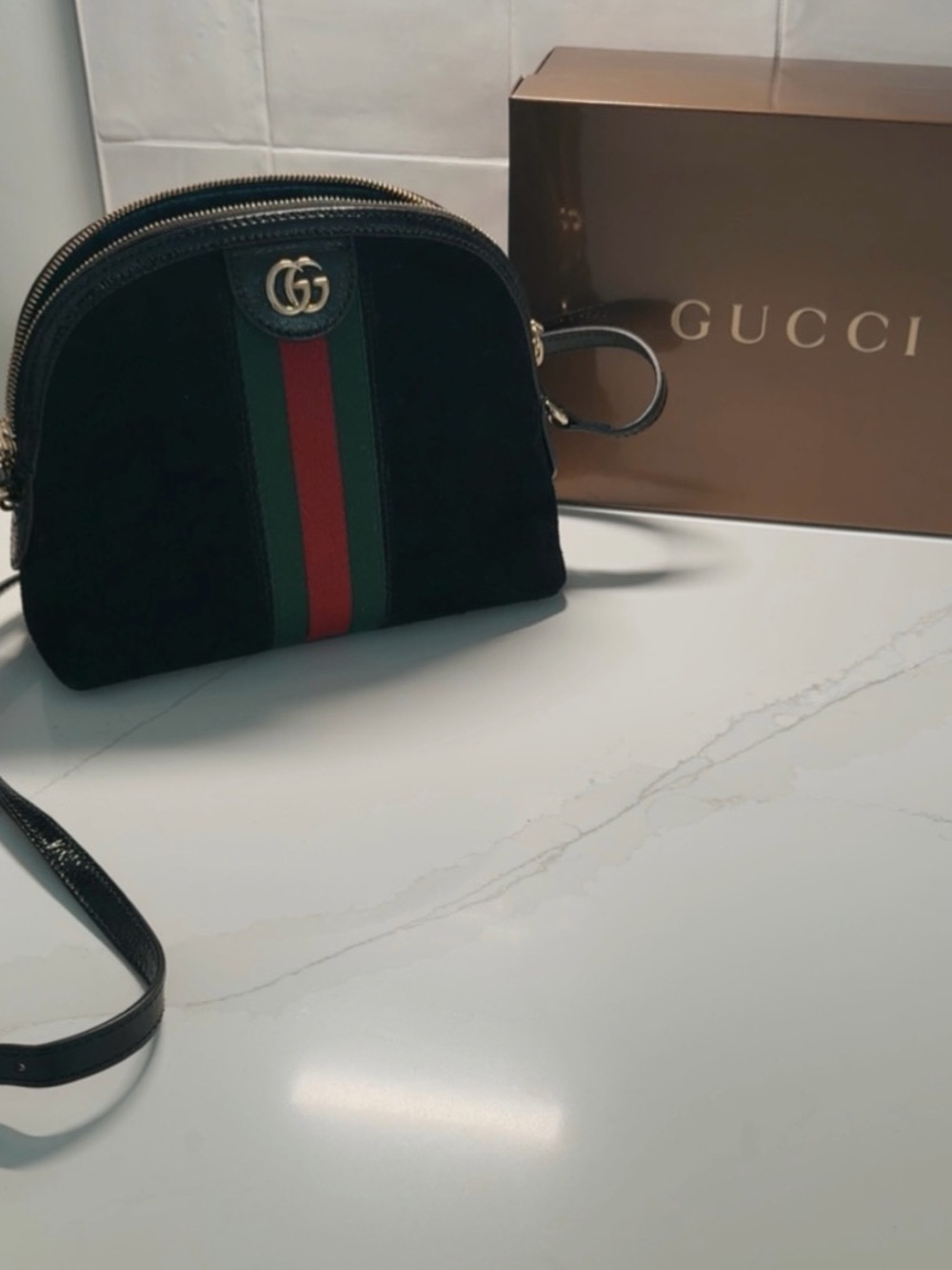 Gucci Black Suede Crossbody with Green and Red Web Stripe